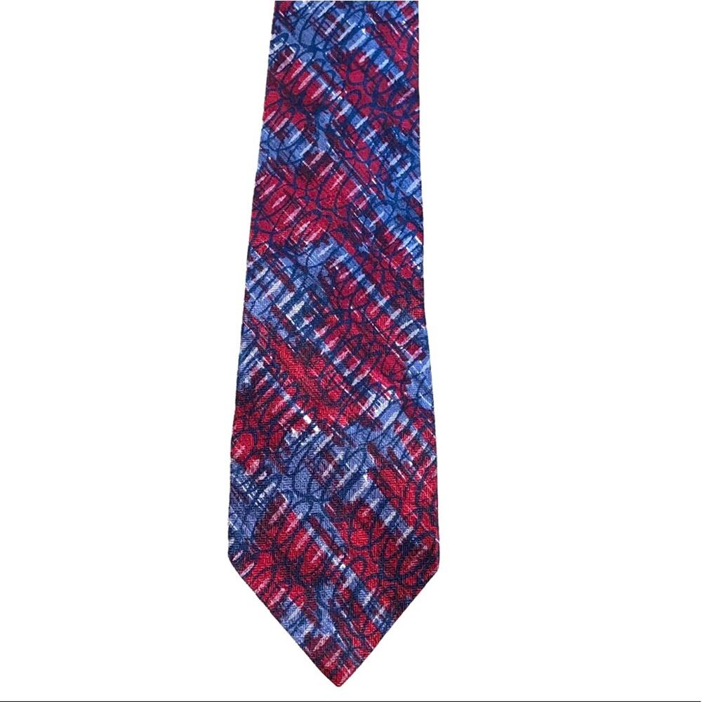 Karl Lagerfeld Silk Tie Red Blue Abstract Plaid USA Designer Necktie